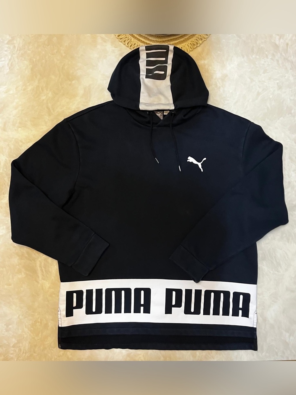 EUC - Puma Black Pullover Hoodie with White Logo and Hem Panel Size XL